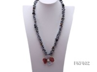 Two-strand Grey Freshwater Pearl, Black Agate Beads, Tiger-eye Chips and Metal Flower Necklace
