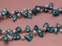 Two-strand White and Cyan Freshwater Pearl Necklace with Round Golden Beads