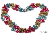 Three-strand Red, Champagne , Blue and White Freshwater Pearl Necklace