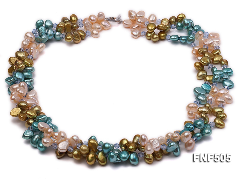 Three-strand 7-8mm Pink, Yellow and blue Freshwater Pearl Necklace Dotted with Blue Quartz Beads