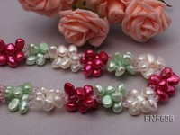 Three-strand White, Red and Green Freshwater Pearl Necklace Dotted with Pink Quartz Beads