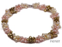 Three-strand 7-8mm Coffee, Pink and Light-yellow Freshwater Pearl Necklace