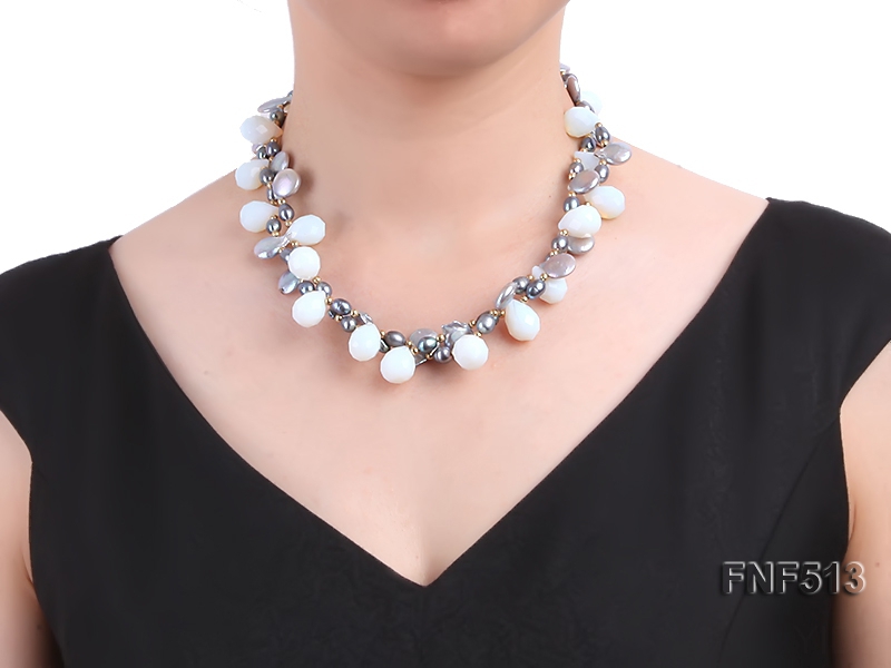 Two-strand Gray Freshwater Pearl and White Drop-shaped Moonstone Necklace