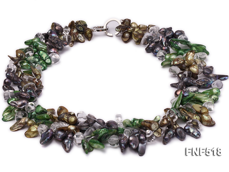 Three-strand dark-green, Coffee and Purple Freshwater Necklace Dotted with White Quartz Beads