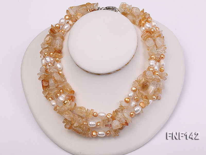 Four-strand White and Golden Freshwater Pearl and Yellow Crystal Chips Necklace