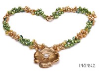 Two-strand Yellow and Green Freshwater Pearl Necklace with a Gilded Metal Flower Pendant