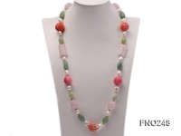 6-7mm white baroque freshwater pearl and red round coral and jade opera necklace