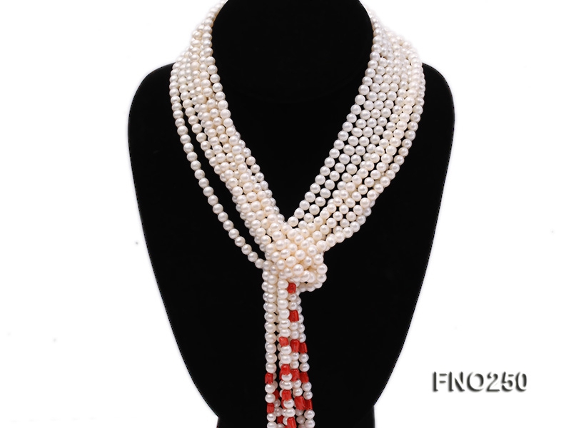 5-6mm white round freshwater pearl and red coral flower five strands necklace