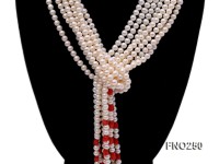 5-6mm white round freshwater pearl and red coral flower five strands necklace