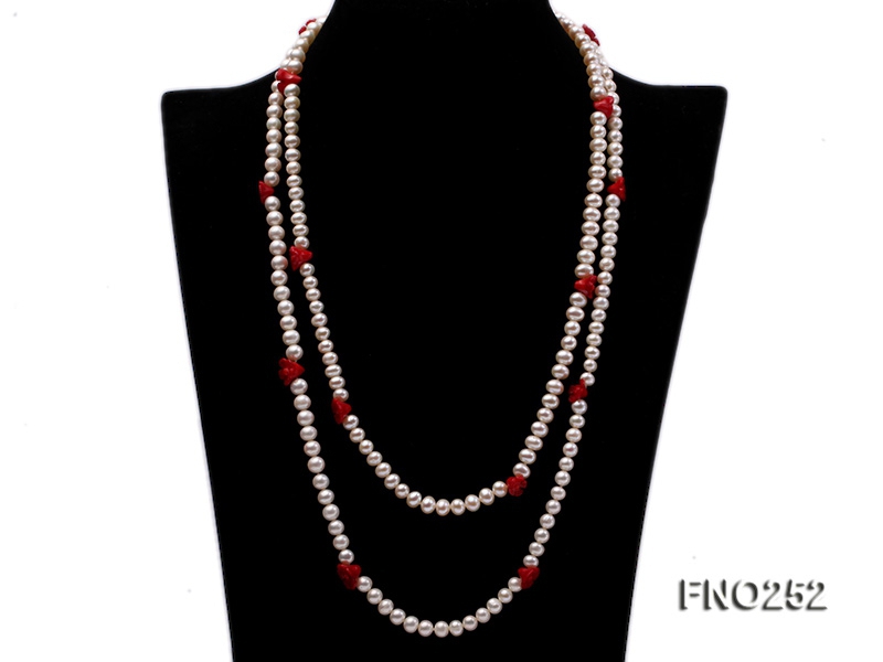 6-7mm white round  freshwater pearl and red coral flower necklace