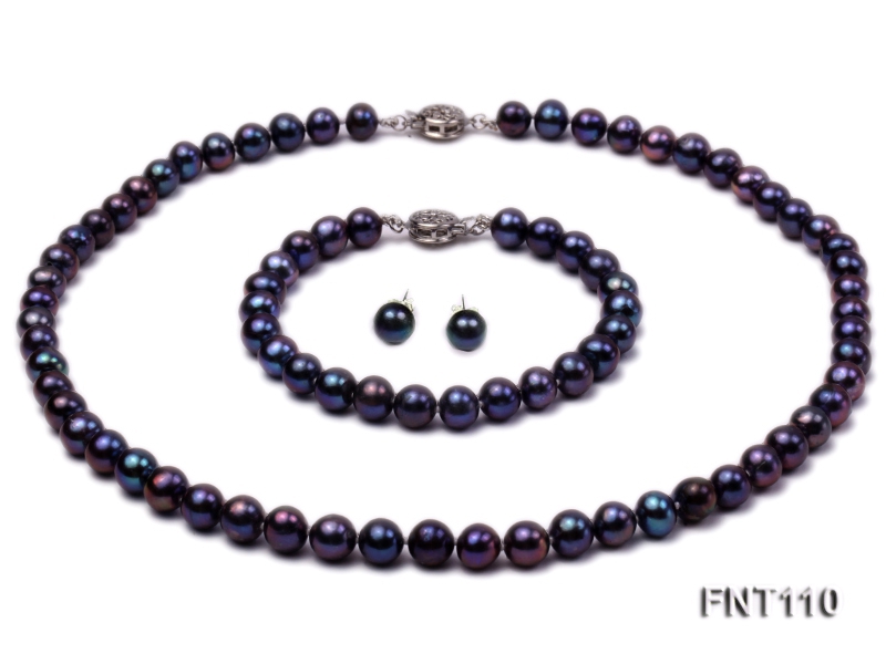 7-8mm Dark-purple Freshwater Pearl Necklace, Bracelet and Earrings Set