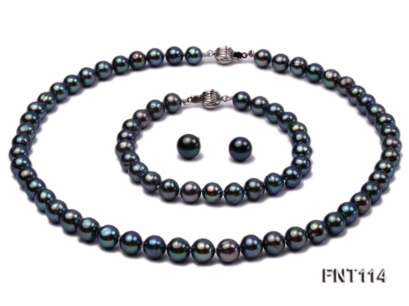 8-8.5mm Black Freshwater Pearl Necklace, Bracelet and Earrings Set