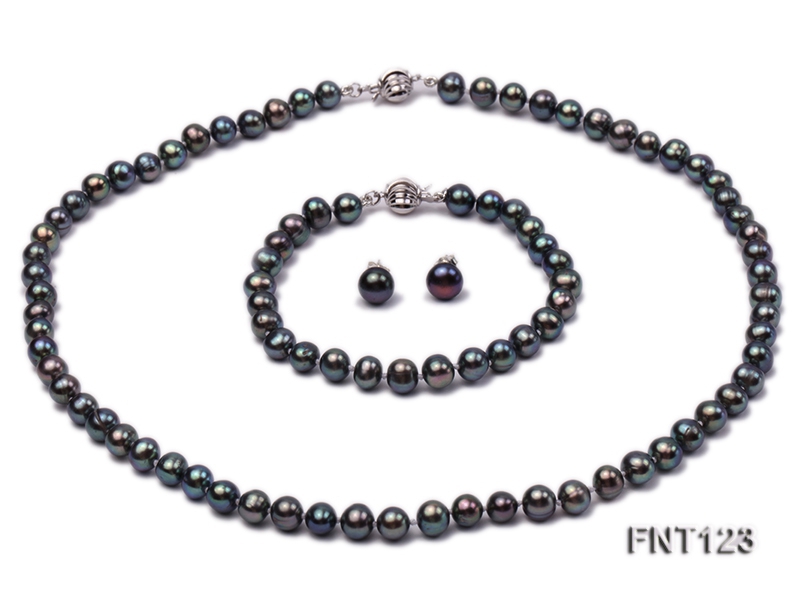 7-7.5mm Black Freshwater Pearl Necklace, Bracelet and Earrings Set