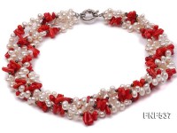 Four-strand 5-6mm White Freshwater Pearl and Red Coral Chips Necklace