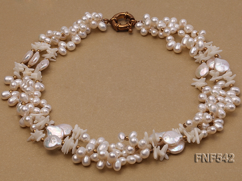 Three-strand 4-5mm Freshwater Pearl, Button Pearl and White Coral Chips Necklace