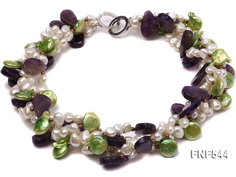 Four-strand White Freshwater Pear, Green Button Pearl and Purple Crystal Beads Necklace