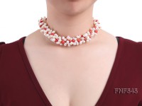 Three-strand 5x8mm Freshwater Pearl and Red Flower-shaped Coral Beads Necklace