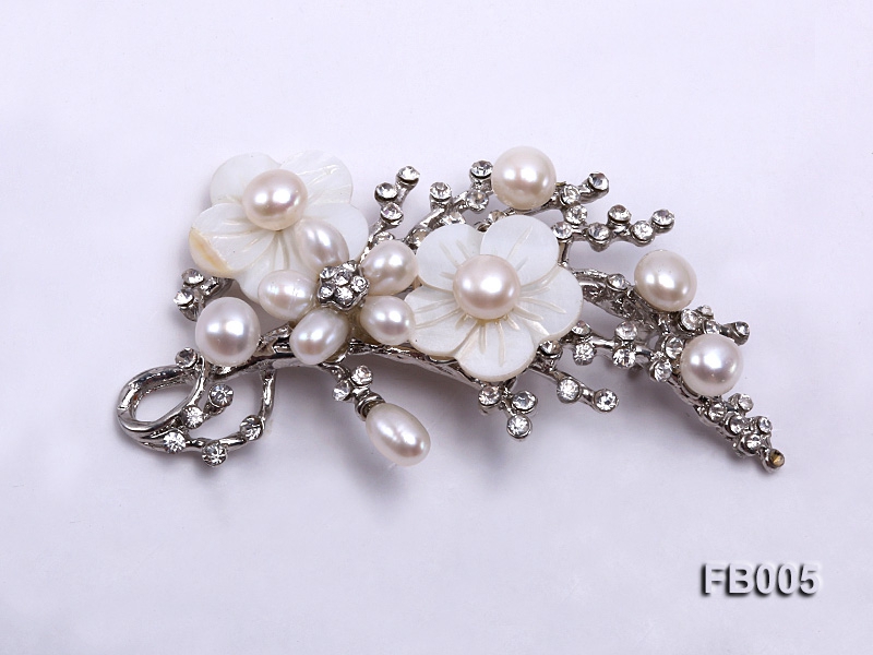 Gold Plated Brooch with Freshwater Pearls, Flower-shaped Seashells and Rhinestone Beads
