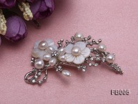 Gold Plated Brooch with Freshwater Pearls, Flower-shaped Seashells and Rhinestone Beads