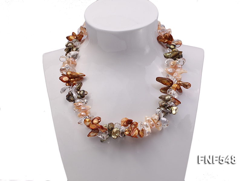 Three-strand Pink, Dark-green and Coffee Freshwater Pearl and White Crystal Beads Necklace