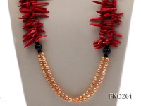 7-8mm golden oval freshwater pearl and red tooth-shaped coral and black agate necklace
