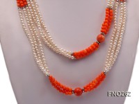 4-5mm white round pearls and pink coral three-strand necklace