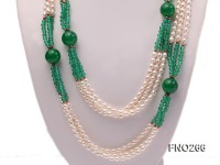 6-7mm white elliptical pearls dotted with green jade multi-strand necklace