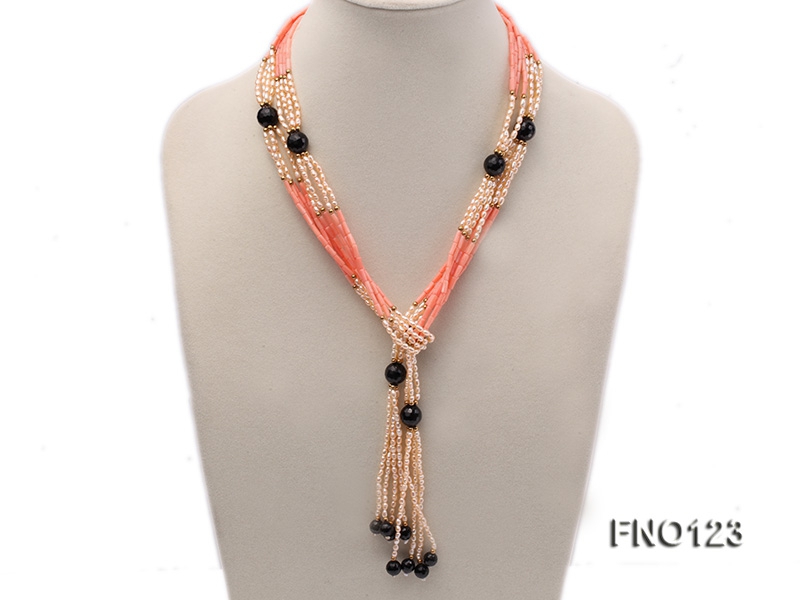 4x3mm pink rice pearl and orange coral and faceted black agate and golden metal beads necklace