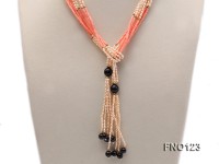 4x3mm pink rice pearl and orange coral and faceted black agate and golden metal beads necklace