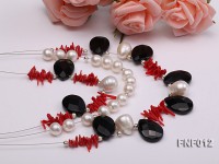 Three-row 6-7mm Freshwater Pearl, 9-10mm Black Agate Beads and Red Coral Sticks Necklace)