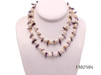 8-10mm white round freshwater pearls and irregular yellow and purple crystal opera necklace