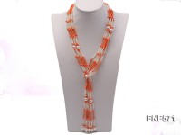 Multi-strand 3-4mm White Freshwater Pearl, 3-5mm Coral Beads Necklace Dotted with Shell Beads