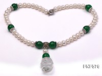 7-9mm White Freshwater Pearl and 12mm Malaysian Jade Beads Necklace with a White Crystal Pendant.