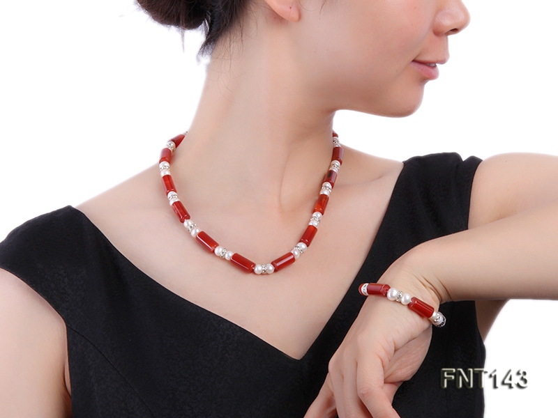 7-8mm White Freshwater Pearl & Red Agate Pillars Necklace and Bracelet Set