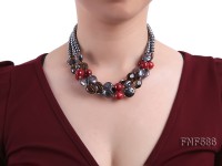 Three-strand Black Freshwater Pearl, Black Button Pearl, Smoky Quartz and Red Agate Necklace