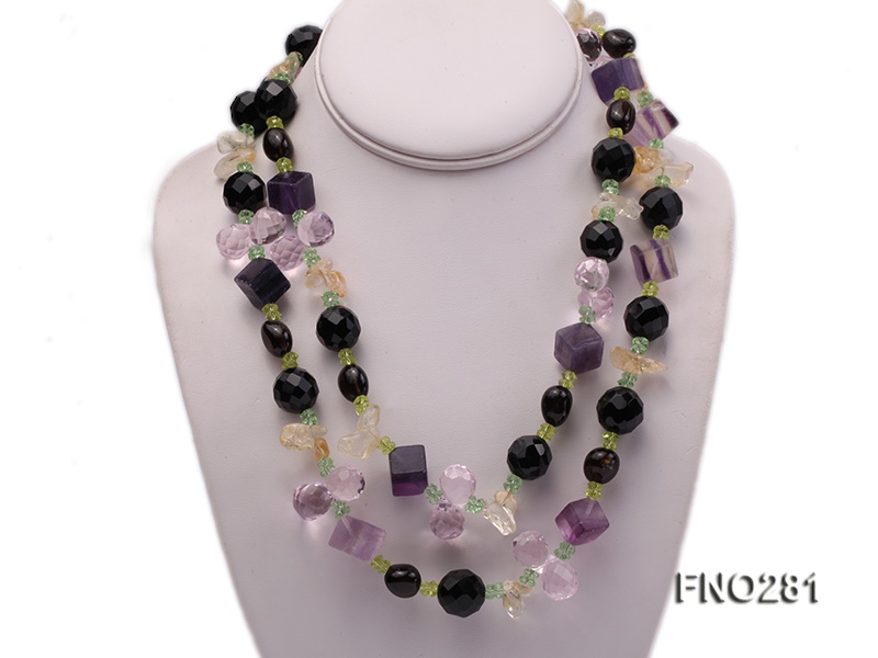12-16mm black faceted agate  tea crystal and fluorite opera necklace