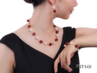 12mm White Round Shell Pearl & Red Agate Beads Necklace, Bracelet and Earrings Set