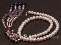 7-8mm natural white flat freshwater pearl with round garnet and natural amethyst necklace