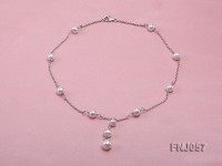 8-10mm White Round Pearl Station Necklace with a Silver Chain
