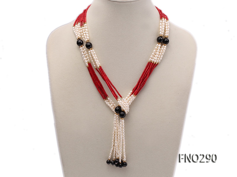 4x6mm pink rice pearl and red round coral and faceted black agate multi-strand necklace
