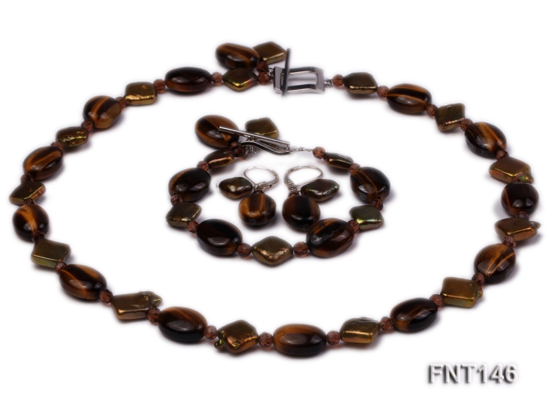 Freshwater Pearl and Tiger-eye Beads Necklace, Bracelet and Earrings Set