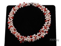 Four-strand 5x7mm White Freshwater Pearl and Red drop-shaped Coral Beads Necklace