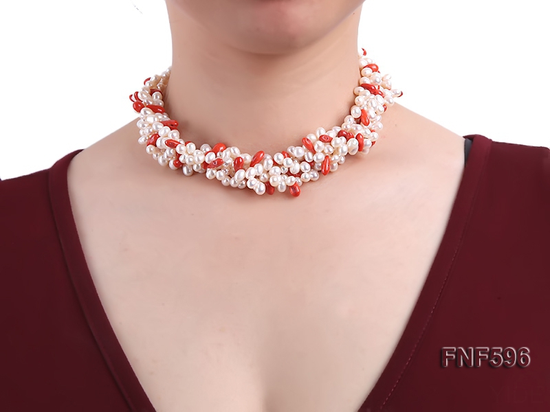 Four-strand 5x7mm White Freshwater Pearl and Red drop-shaped Coral Beads Necklace
