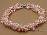 Four-strand 5x7mm White Freshwater Pearl and Pink drop-shaped Coral Beads Necklace