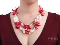 Two-row White Cultured Freshwater Pearl Necklace Decorated with Corals and Shell Pieces