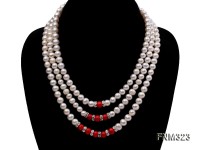 3 strand white freshwater pearl and red coral necklace