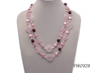 12mm pink coin FW pearl and white oval freshwater pearl and pink carved and crystal necklace