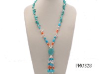 3x12mm white oval freshwater pearl and blue irregular turquoise and  orange irregular coral necklace