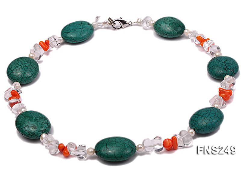 natural white freshwater pearl with natural white crystal and green turquoise orange coral necklace