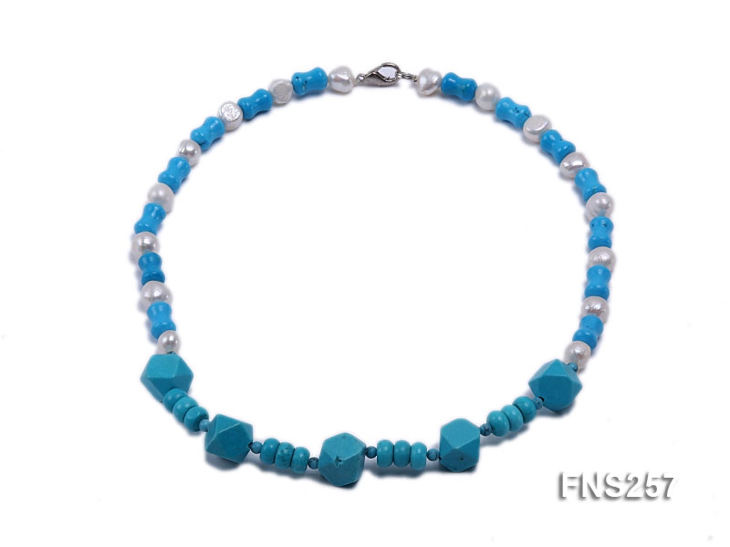 blue tiger shape turquoise with natural white freshwater pearl necklace
